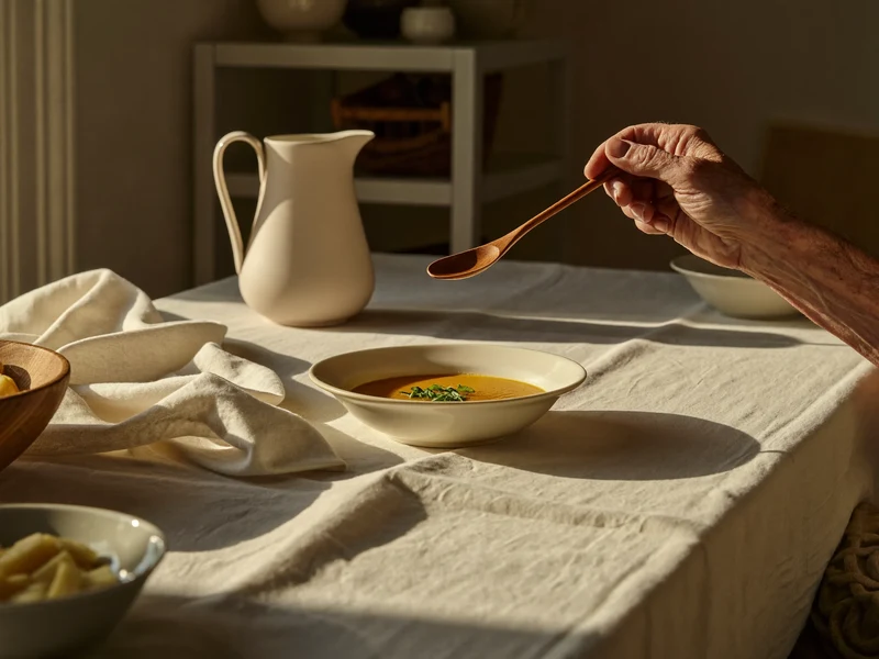 Tavola da cucina luminosa con una ciotola di minestra calda e mani anziane che reggono un cucchiaio di legno