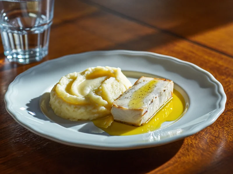 Purè di patate vellutato con filetto di merluzzo al vapore e olio d'oliva