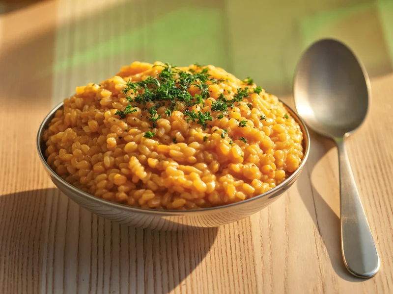 Risotto cremoso alla zucca con prezzemolo tritato fine su tavolo di legno chiaro