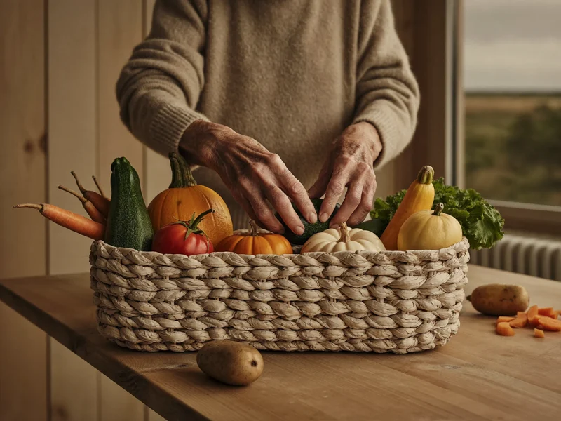 Cesto di verdure fresche di stagione su piano di legno con luce da finestra