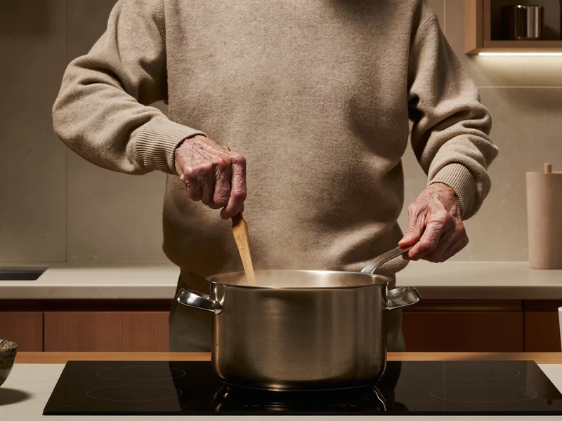 Mani anziane che mescolano una pentola sul fornello in una cucina domestica ordinata