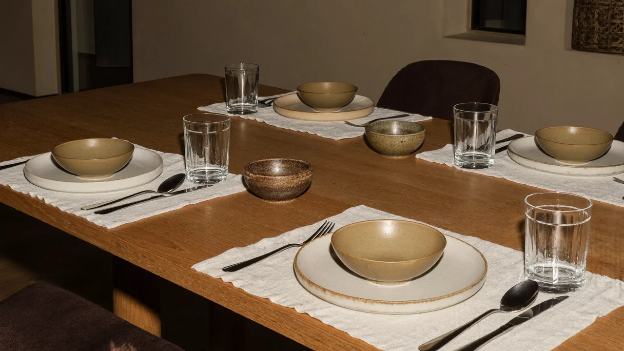Tavola semplice apparecchiata per due con piatti di ceramica e bicchieri d'acqua